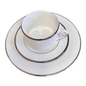 Kate Spade Lenox Sugar Pointe Teacup Saucer Salad Plate Set White Silver New